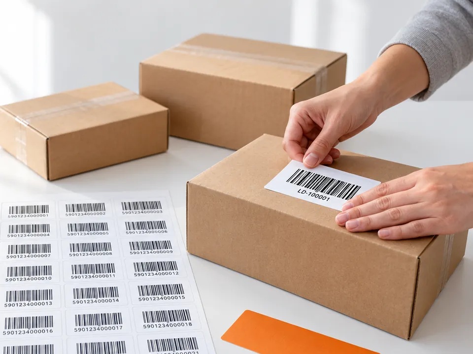 Gedruckte Versandetiketten mit Barcode werden auf ein Paket geklebt