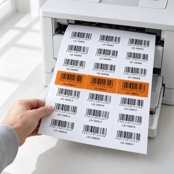 Frisch gedruckter A4-Etikettenbogen mit Barcode-Etiketten
