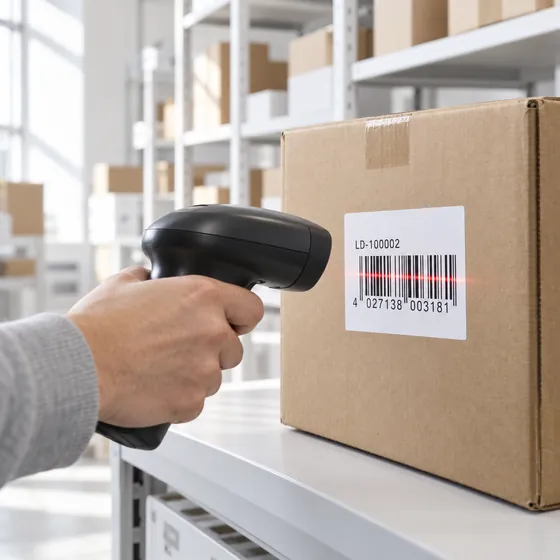 Barcode-Scanner liest ein Versandetikett auf einem Karton