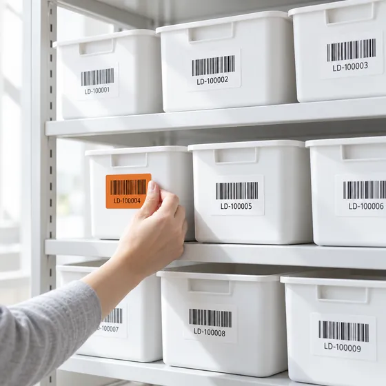 Regalboxen mit gedruckten Barcode-Etiketten